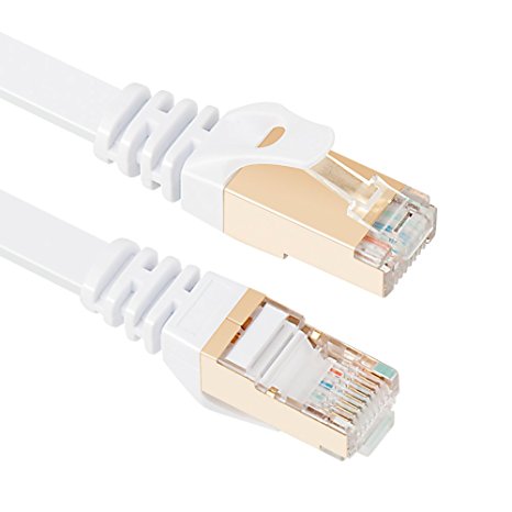 Vandesail® CAT7 High Speed Computer Router Gold Plated Plug STP Wires CAT7 RJ45 Ethernet LAN Networking Cable Professional Gold Headed Network Cable High Speed Premium Quality Cat seven / Patch / Ethernet / Modem / Router / LAN (33 ft-10 meters-White Flat Shielded)