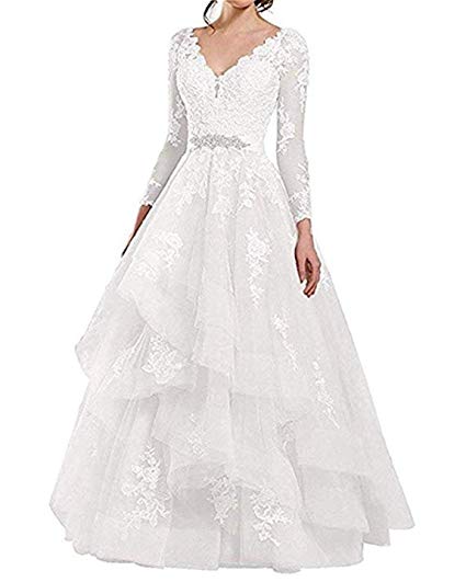 Asoiree Women's Lace Appliques Seqiuned V-Neck Formal Princess Evening Crystal Pocket Long Sleeves Prom Dress