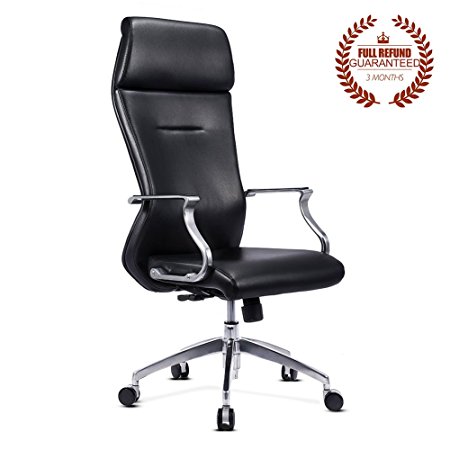 High-Back Leather Executive Chair, 3 Adjustable Tilt Tension - Black (Luxury Model - Leather)