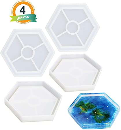 LET'S RESIN Silicone Coaster Molds Set 4pcs Resin Hexagon Molds, Epoxy Resin Coaster Molds for Making Coasters, Bow Mat, Jewelry Holder