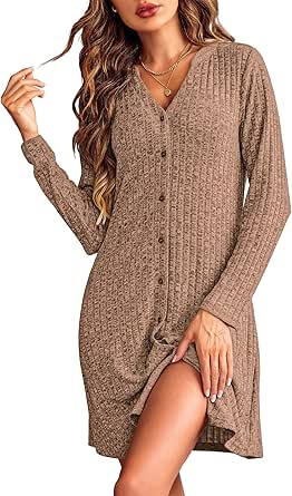 Ekouaer Nightgowns for Women Button Down Night Shirt Long Sleeve Ribbed Knit V-Neck Sleepwear Pajama Dress