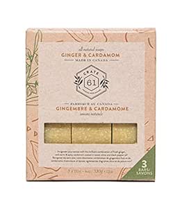 Crate 61, Handmade in Canada, Plant Based Cold Process Natural Bar Soap Cold Pressed For Face And Body, With Premium Essential Oils, Eucalyptus & Peppermint For Men And Women 3 Pack (Ginger Cardamom)