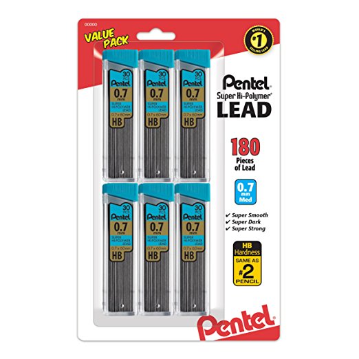 Pentel Super Hi-Polymer Lead Refills, 0.7mm Medium, HB, 180 Pieces of Lead (L50BP3HB-K6)