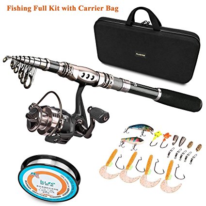 PLUSINNO Spinning Rod and Reel Combos FULL KIT Telescopic Fishing Rod Pole with Reel Line Lures Hooks Fishing Carrier Bag Case and Accessories Fishing Gear Organizer