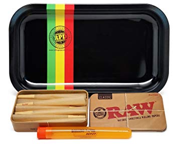 Bundle - 4 Items - 15 RAW King Size Cones, RAW Tin Carring Case, Rolling Paper Depot Rolling Tray (Rasta Racer) and Doob Tube