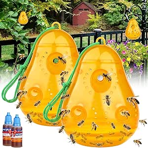 Wasp Traps Outdoor Hanging, Bee Traps Repellent Yellow Jacket Catchers Killer for Outside, Non-Toxic Reusable Hornet Wasp Trap Pear Shape -2 Pack