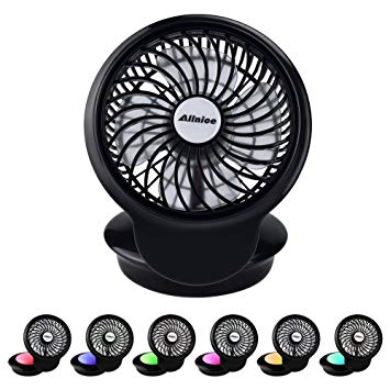Allnice Mini Fan USB Table Desk Personal Cooling Fan 3 Speeds Adjustable with 7 Colorful Night Light for Home Office Bedroom (Black)