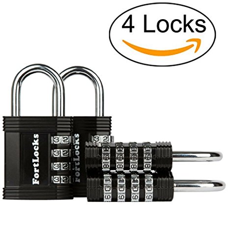 4 Pack FortLocks Combination Lock - 4 Digit Padlock for School & Gym Locker, Outdoor, Fence, Hasp, Storage, Case, Toolbox & Shed – Resettable All Weather Anti Rust Metal & Steel - Black