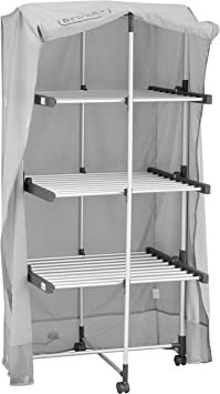 BLACK DECKER 63091 3-Tier Heated Clothes Airer with Cover & Wheels Aluminium, Cool Grey, 140cm x 73cm x 68cm