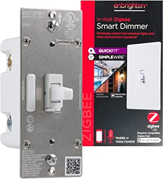 Enbrighten Zigbee Smart Light Dimmer with QuickFit and SimpleWire, Pairs Directly with Echo 4th Gen/Echo Show 10 (All)/Echo Studio/Echo Plus (All)/Eero Pro 6, Toggle, White, 43090