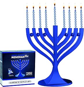 Zion Judaica Classic Mini Menorah with Hanukkah Candle Set - Dark Royal Blue with 44 Blue White Mini Birthday Candles Hanukkah Decoration or Gift