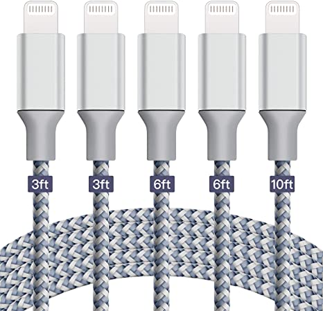 iPhone Charging Cable 5 Pack (3ft/3ft/6ft/6ft/10ft) Lightning Cable Durable Nylon Braided iPhone Charger Cord Compatible with iPhone 11/11pro/X/XS/XR/8Plus/7Plus