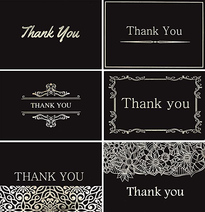 120 Elegant Thank You Cards in Black with Envelopes and Stickers - Highest Quality 6 Designs Bulk Notes Embossed with Silver Foil Letters for Wedding, Formal, Business, Graduation, Funeral 4x6