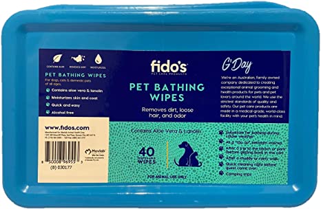 Fido's Pet Bathing Wipes; for Dog, Cat and Domestic Pet, Aloe Vera, Lanolin Blend, Biodegradable, Hypoallergenic, Cleans and Moisturizes Skin and Coat, Smells Fresh, Quick and Easy (Pack of 40 Wipes)