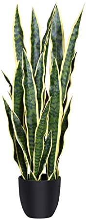 CROSOFMI Artificial Snake Plant,35.4" Fake Sansevieria Trifasciata with 32 Leaves Feaux Plants in Pot for Indoor Outdoor House Home Office Modern Decoration Perfect Housewarming Gift-1Pack，Yellow