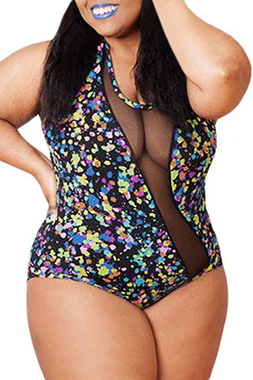 EVALESS Women O-Neck Floral Print One-Piece Swimwear Plus Size