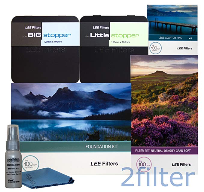 Lee Filters Landscape Pro Kit includes Lee Foundation Kit, 77mm Wide Angle Ring, Lee 4x6 Grad ND Soft Edge Set, 4x4 Big Stopper and 4x4 Little Stopper with 2filter cleaning kit