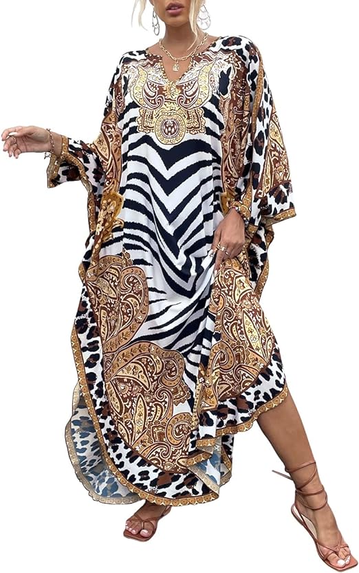 Bsubseach Women Bathing Suit Cover Up Ethnic Print Kaftan Beach Maxi Dresses