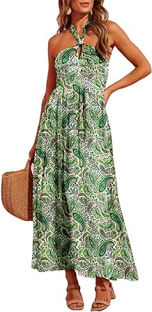 Dokotoo Women's Summer Dresses Halter Neck Sleeveless Backless Flowy A Line Boho Maxi Dress