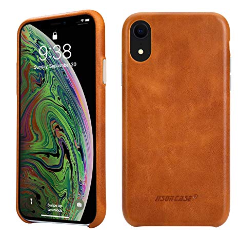 Jisoncase iPhone XR Leather Case Cover Slim Shell Snap-on Cases with Protective Silver Side Buttons Compatible Apple 2018 New iPhone XR 6.1'' Brown JS-IXR-01A20