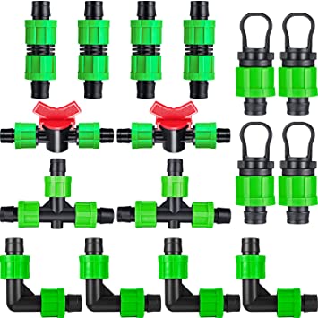 Outus Drip Irrigation Fitting Kit Barbed Connector Include 4 Coupling 4 Tubing End Cap Plug 4 Elbow 2 Shut-Off Valve 2 Tee 1/2 Inch Universal Drip Irrigation Fitting for 16-17 mm Tubing (Green)