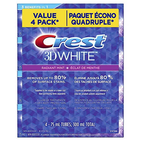 Crest 3d White Radiant Mint Whitening Toothpaste, Pack Of 4, 75 milliliters