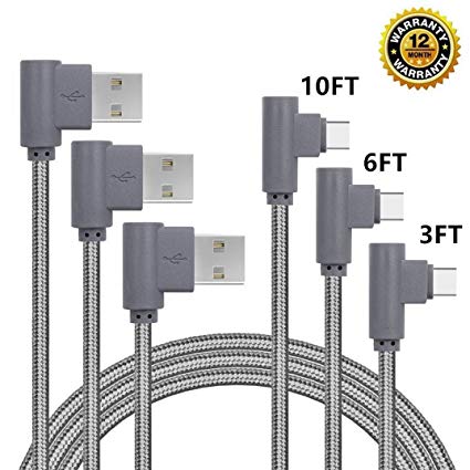USB Type C Cable, CTREEY 90 Degree 3 Pack 3ft 6ft 10ft Nylon Braided Long Cord USB Type A to C Charger for Macbook, LG G6 V20 G5,Google Pixel, Nexus 6P, Nintendo Switch, Samsung Galaxy S8  (Grey)