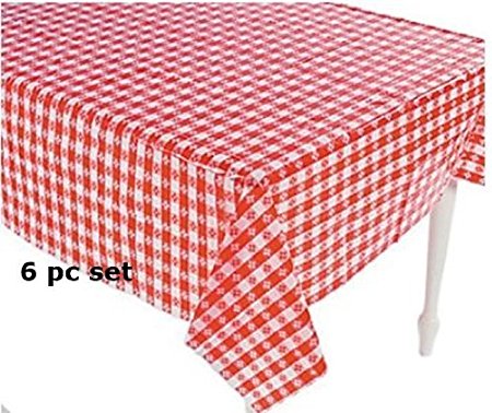 (6) Plastic Red and White Checkered Tablecloths - 6 Pc - Picnic Table Covers