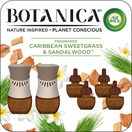 Botanica by Air Wick Plug in Scented Oil Starter Kit, 2 Warmers   6 Refills, Caribbean Sweetgrass and Sandalwood, Air Freshener, Eco Friendly, Essential Oils