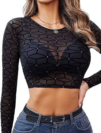 Avidlove Women Mesh Crop Top Long Sleeve See Through Shirt Sheer Blouse O Neck Clubwear S-4XL