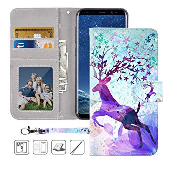 Galaxy S8 Wallet Case, Galaxy S8 Case,MagicSky Premium PU Leather Flip Folio Case Cover with Wrist Strap, Card Holder, Cash Pocket,Kickstand for Samsung Galaxy S8 - Colorful Deer