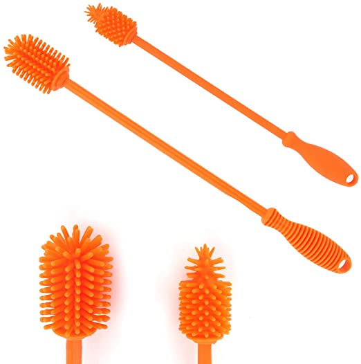 QiCheng&LYS Silicone Bottle Brush Set, Silicone Bottle Cleaning Brush with Long Handle, 12.8”and 9.3” 2pack,Suitable for Feeding Bottles, Kettles, blenders (orange)