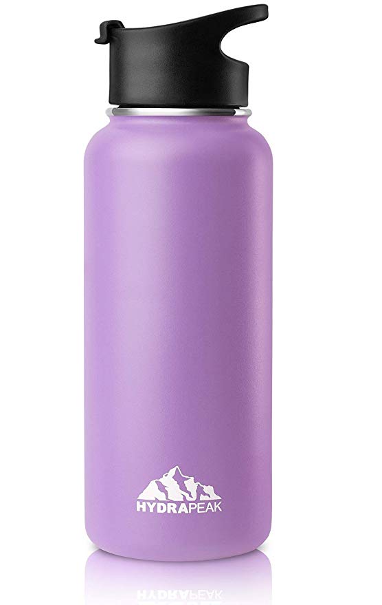 Hydrapeak 32oz (1L) Stainless Steel Vacuum Insulated Water Bottle, BPA Free Leak Proof Wide Mouth, Double Walled Flask with Flip Lid Handle