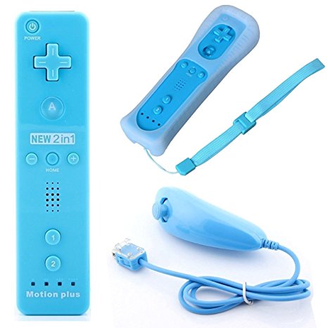 EEEKit 2in1 Built in Motion Plus and Remote and Nunchuck Controller Set for Nintendo Wii Game Console with Silicon Case and Wrist Strap (Blue)