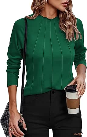 Zeagoo Womens Long Sleeve T Shirts Casual Mock Neck Tops Fall Pleated Blouses Basic Trendy Clothes 2024