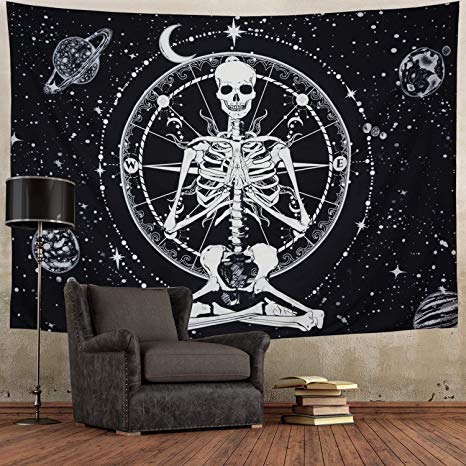 Amonercvita Starry Skull Tapestry Moon Planet Chakra Tapestry Yoga Meditation Skeleton Tapestry Black and White Stars Tapestry for Room (Medium, Starry Skull)