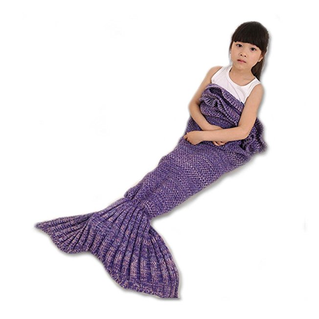 AISHN Knitted Mermaid Tail Blanket, Soft Crochet Blanket, Cute and Cozy Sleeping Bags Blanket for Sofa, Bed linens, Camping , Business Trip and Travelling Gift choice for Kids,55x28 inch Purple