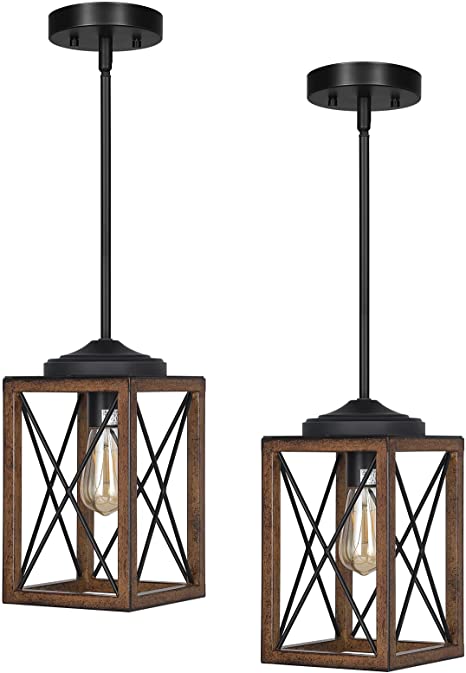 DEWENWILS 2 Pack Farmhouse Pendant Light, Metal Hanging Light Fixture with Wooden Grain Finish, 48 Inch Adjustable Pipes for Flat and Slop Ceiling, Kitchen Island, Bedroom, Dining Hall, ETL Listed