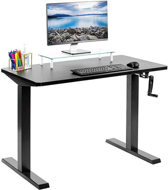 VIVO Manual 43” x 24” Stand Up Desk | Black Table Top, Black Frame, Height Adjustable Standing Workstation with Hand Crank (DESK-KIT-MB4B)