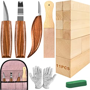 Wood Carving Kit, Whittling Kit for Beginners 19PCS Wood Carving Tools with 3PCS Whittling Knife 11PCS Basswood Blocks & Gloves & Strop Block & Polishing Compound Wood Carving Set Hobbies for Adults