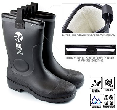 RK Mens Insulated Waterproof Fur Interior Rubber Sole Winter Snow Cold Weather Rain Boots