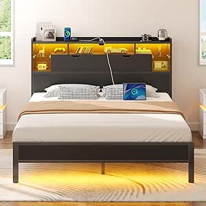 Rolanstar Full Size Bed Frame with Headboard, LED Bed with Bookcase Storage and Charging Station, Metal Platform Bed with Glass Shelves, No Box Spring Needed, Noise-Free, Black