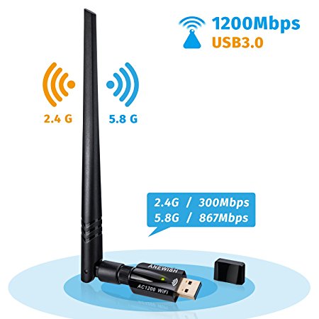 ANEWISH 1200Mbps Wireless USB Wifi Adapter, USB 3.0 Wifi Dongle AC1200 Dual Band (5GHz/867Mbps 2.4GHz/300Mbps) Network Lan Card for PC Desktop Laptop, Support Windows 10/8.1/8/7/XP Mac OS X 10.4-10.13