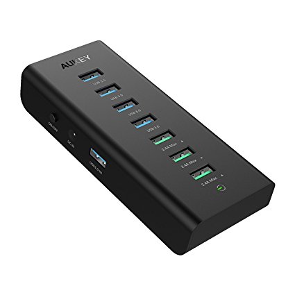 AUKEY USB Hub with 4 USB 3.0 Ports for Data Transfer, 3 Charging Ports and Power Adapter for iPhone 7, 6s Plus, Samsung, MacBook and Other Laptops