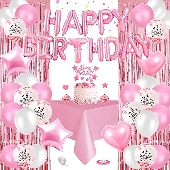 Pink Birthday Party Decorations Set, Happy Birthday Banner Pink Balloons, White Balloons, Pink Confetti, Foil Balloons Fringe Curtain Tablecloth for Birthday Decoration, Party Supply for Girl