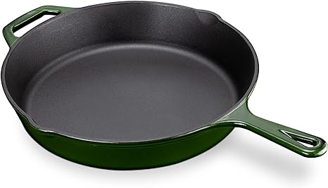 Navaris Enameled Cast Iron Skillet - 12" Frying Pan with Enamel Coated Finish - 12 inch Kitchen Cookware Fry Griddle for Stove Top and Oven - Green