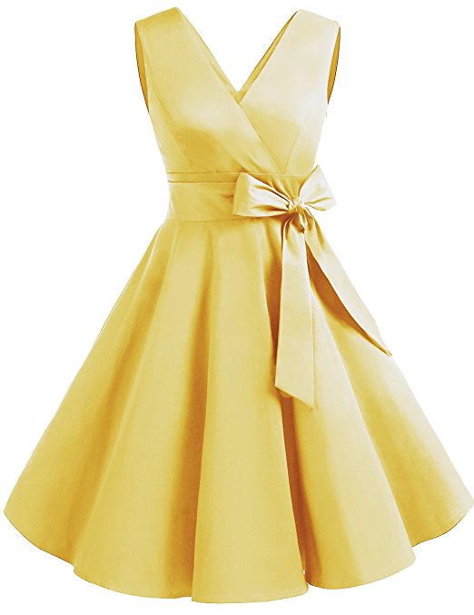 DRESSTELLS Vintage 1950s Solid Color V Neck Retro Swing Dress With Bow Tie