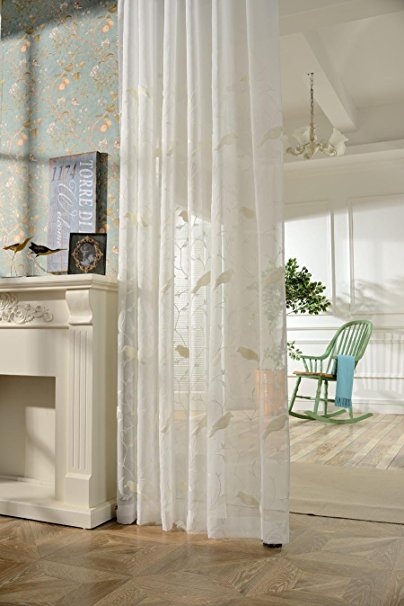 AliFish 1 Panel Birds and Trees Embroidered Decorative Sheer Curtains Home Fashion Window Traetment Elegant Country Style Voile Yarn Gauze Drape Panels for Kids Room Living Room W75 x L96 inch