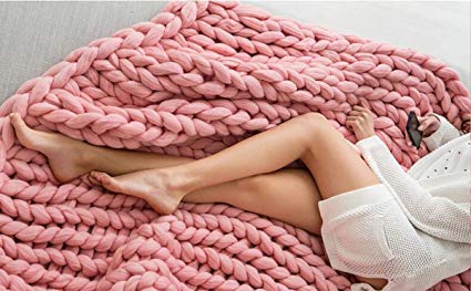 OUYAJI Ultra-coarse and Large Knitted Throw Chunky Sofa Blanket Pure Hand-woven Pet Bed Chair Yoga Mat Rug pink 1