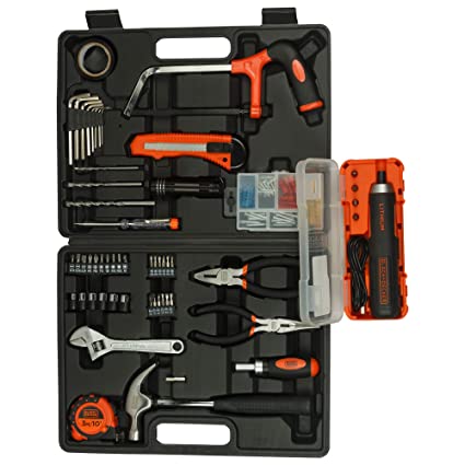 BLACK DECKER BMT108C Hand Tool Kit (108-Pieces) With BLACK DECKER BD40K4 4V 6.35mm Li-ion Cordless Screwdriver (4-Pieces)